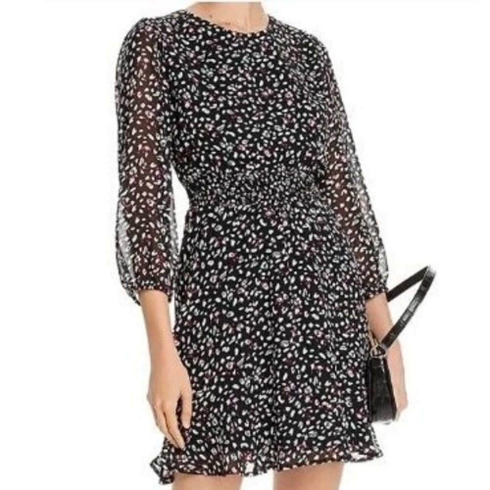AQUA Floral Dress Women's Size Large Black Long Sleeve Smocked Waist Party Girl